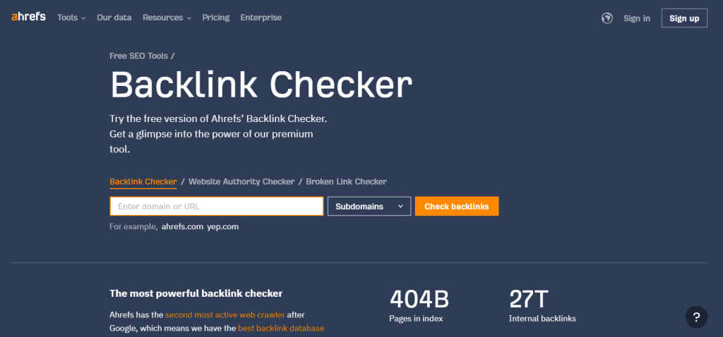 Ahrefs A link building and reporting SEO tool page