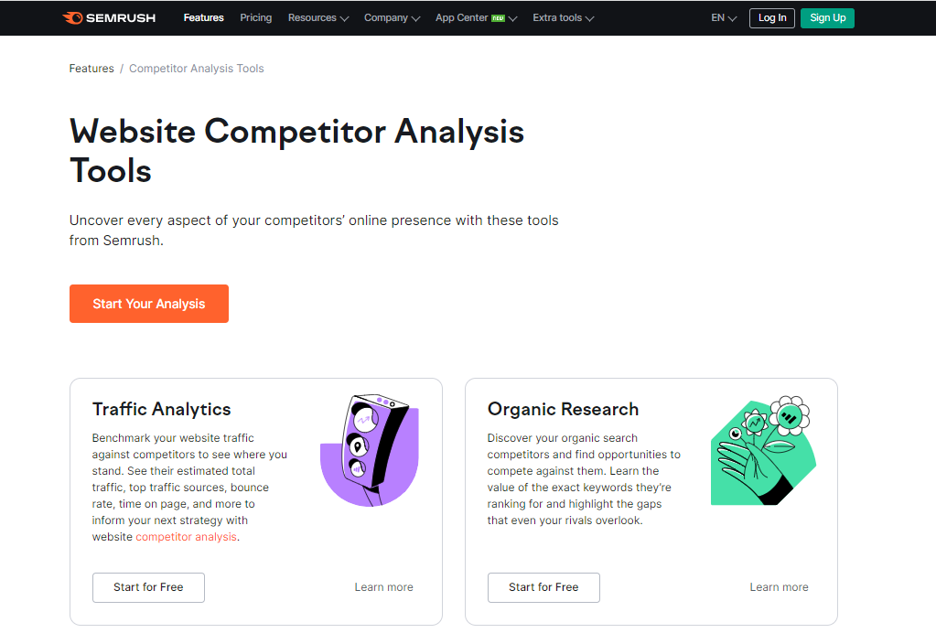 SEMrush is a link building tool and competitor analysis tool page screenshot