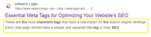 Meta description tag is the descriptive text in snippets displayed right under the title.