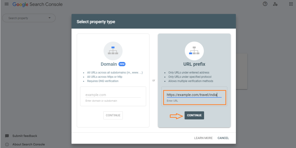 Verification via URL-prefix property in Search Console