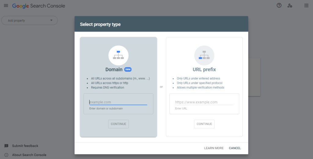 Domain property in Google Search Console