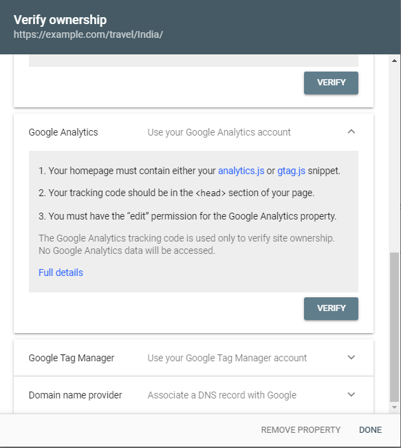 Google Analytics tracking code used for property verification 