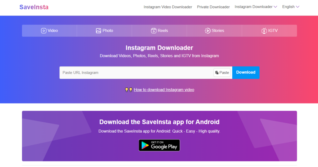 SaveInsta is an online Instagram downloader that allows you to download high quality Instagram videos